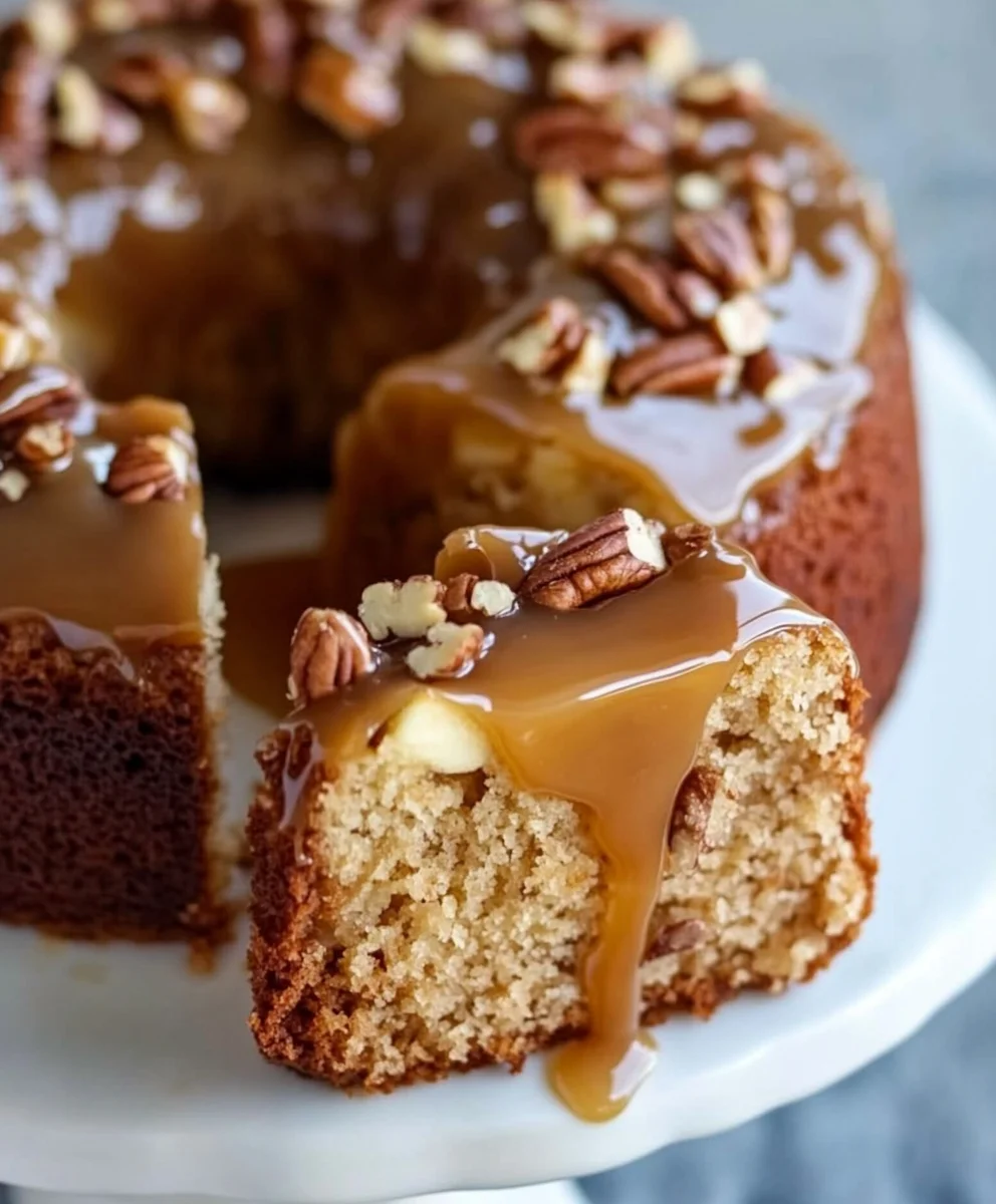 Apple Pecan Cake with Caramel Glaze