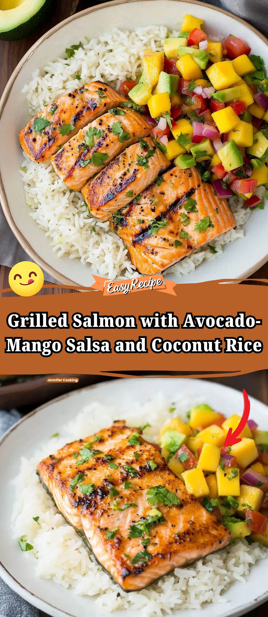 Grilled Lime Salmon with Avocado-Mango Salsa and Coconut Rice