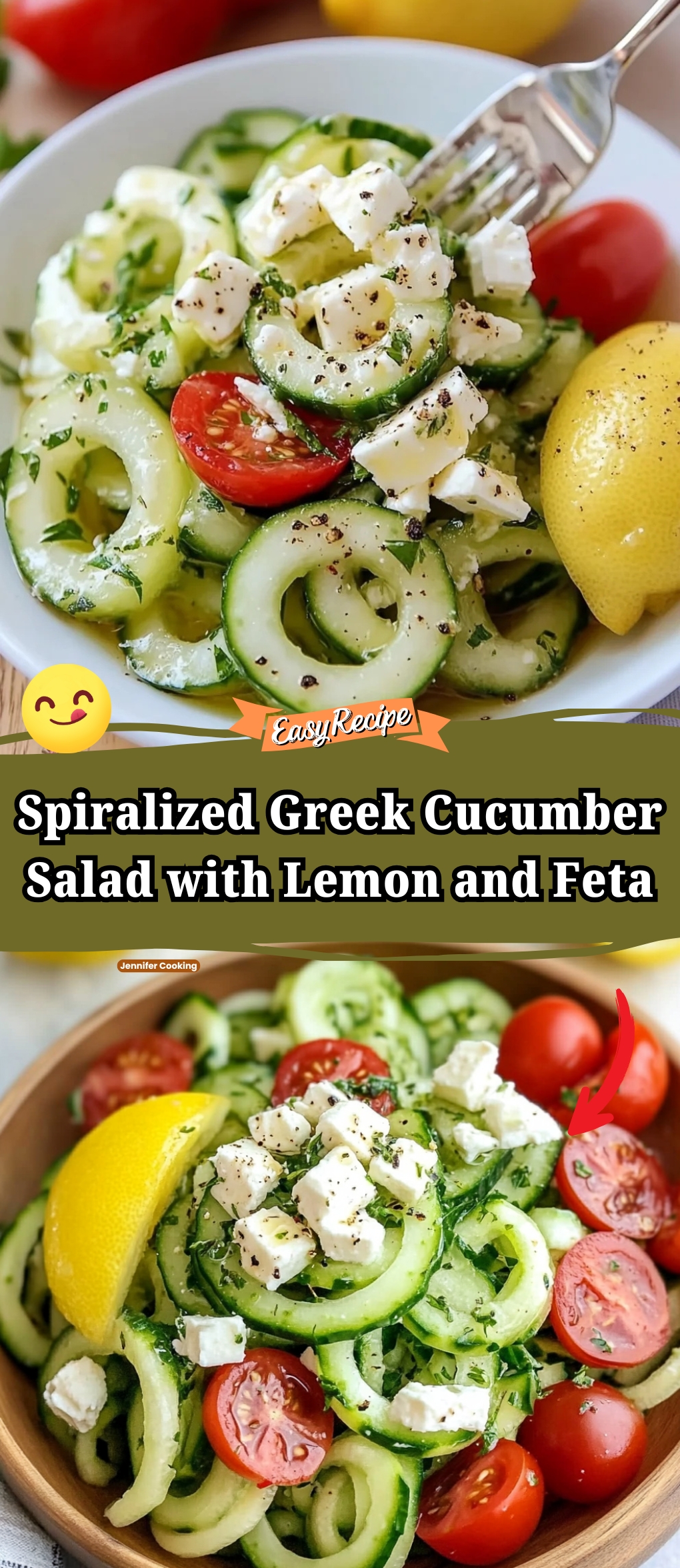 Spiralized Greek Cucumber Salad with Lemon and Feta