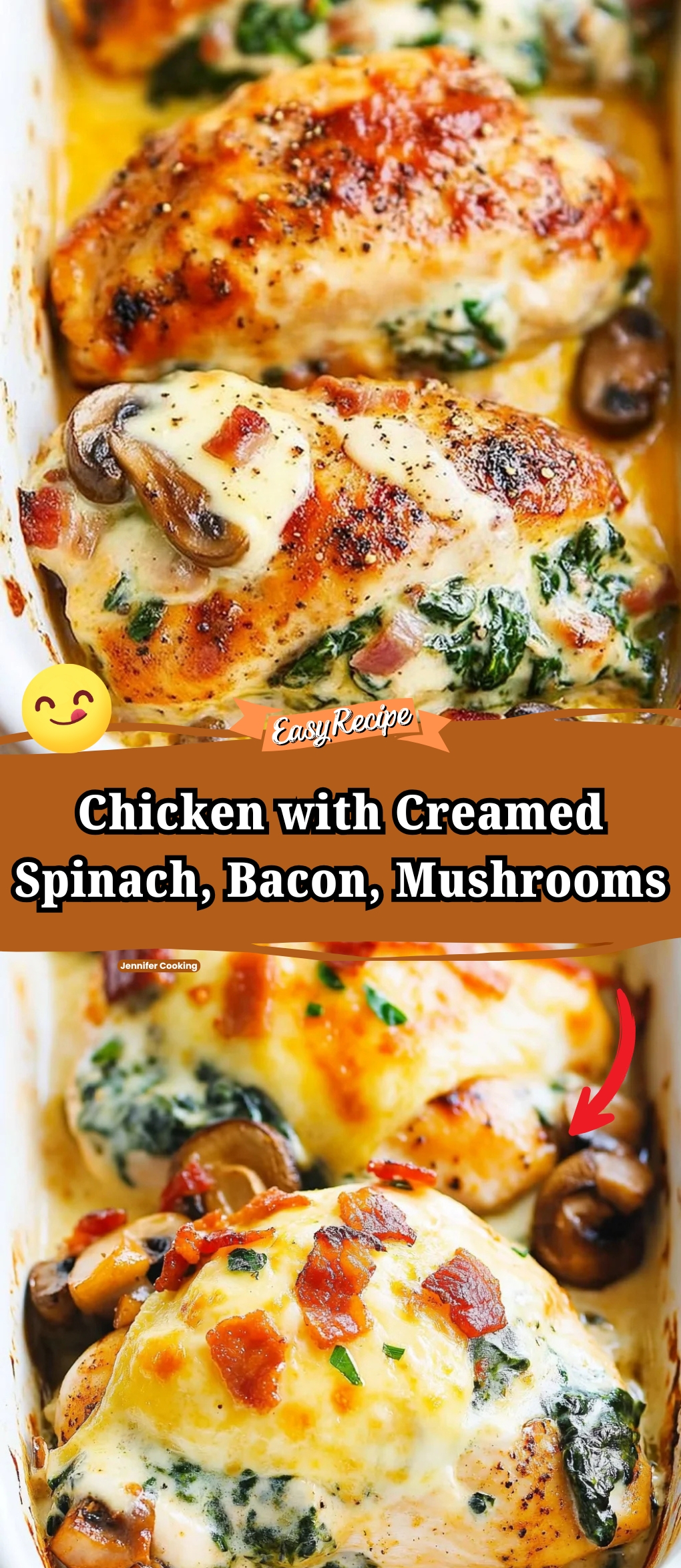 Smothered Chicken with Creamed Spinach, Bacon, Mushrooms