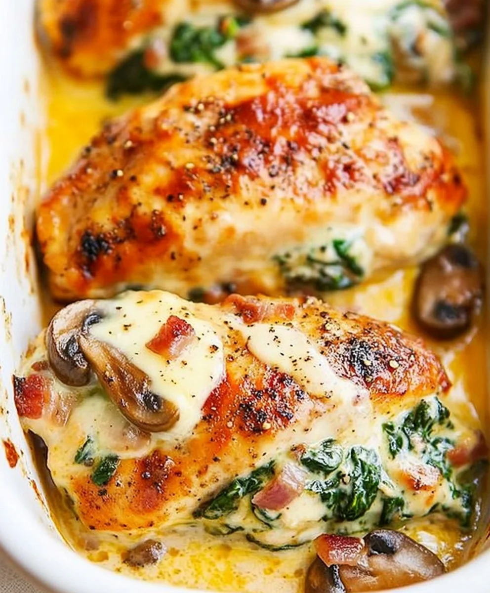 Smothered Chicken with Creamed Spinach, Bacon, Mushrooms