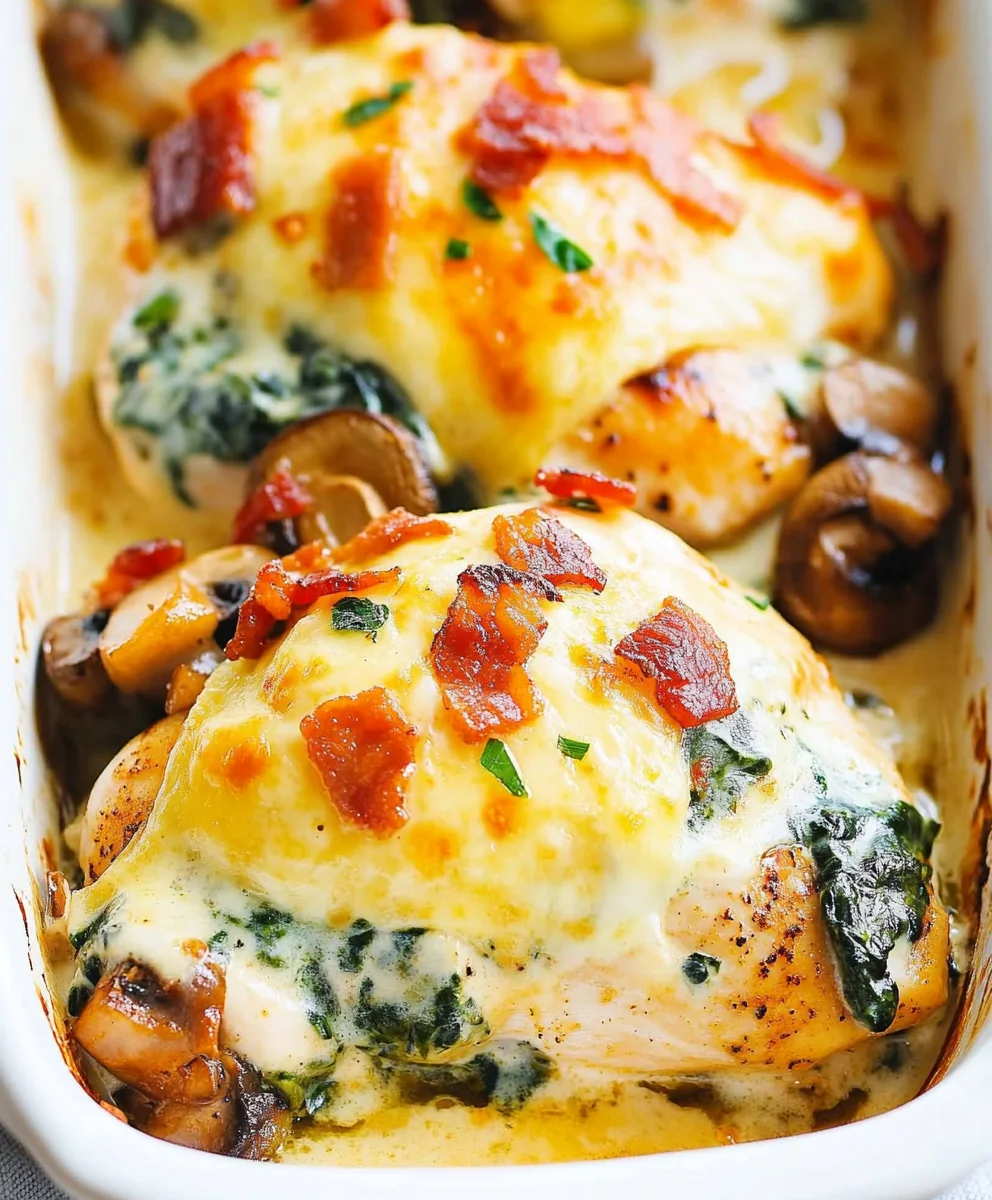 Smothered Chicken with Creamed Spinach, Bacon, Mushrooms
