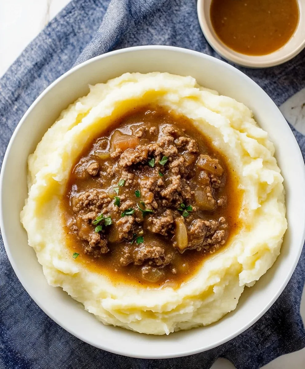 Ground Beef and Gravy Over Mashed Potatoes