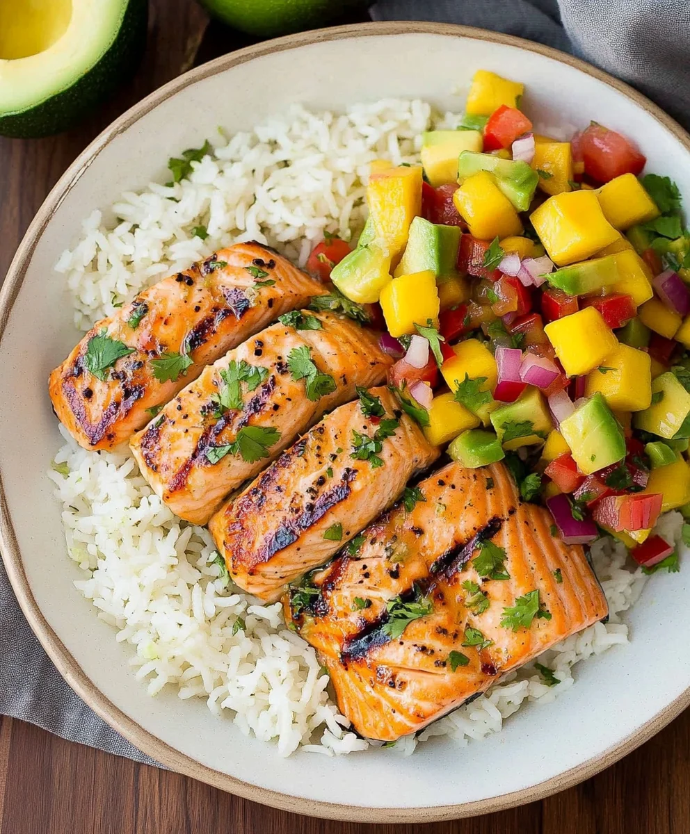 Grilled Lime Salmon with Avocado-Mango Salsa and Coconut Rice