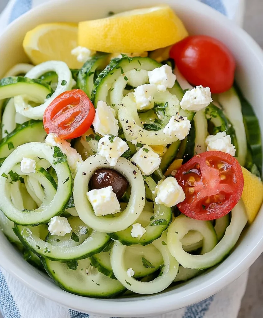 Spiralized Greek Cucumber Salad with Lemon and Feta