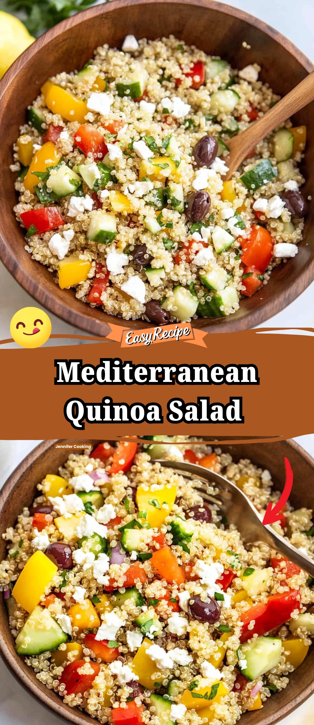 Mediterranean Quinoa Salad with Peppers, Cucumbers, Olives and Feta