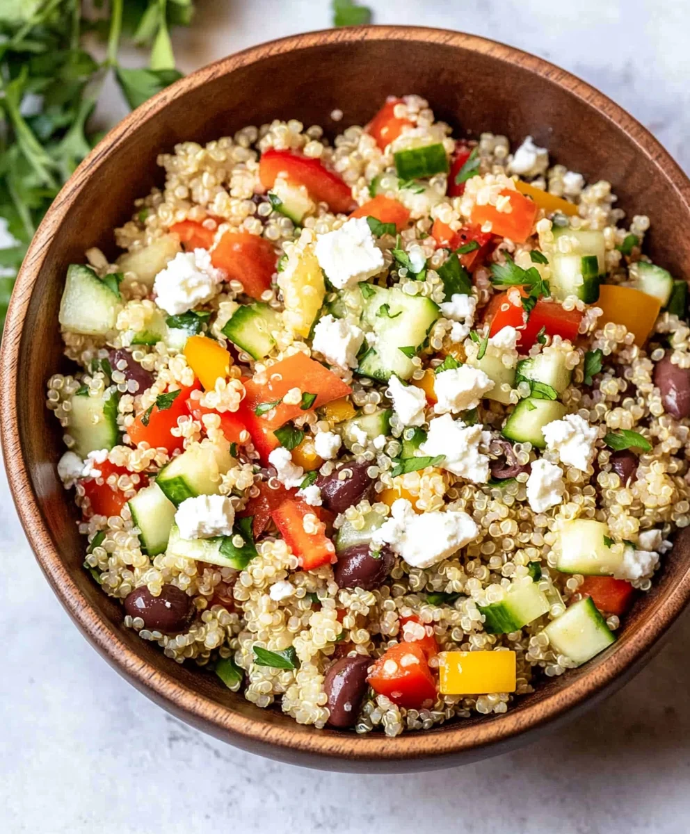 Mediterranean Quinoa Salad with Peppers, Cucumbers, Olives and Feta