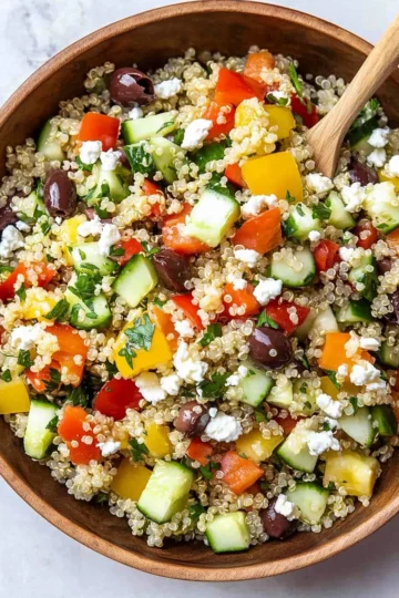 Mediterranean Quinoa Salad with Peppers, Cucumbers, Olives and Feta