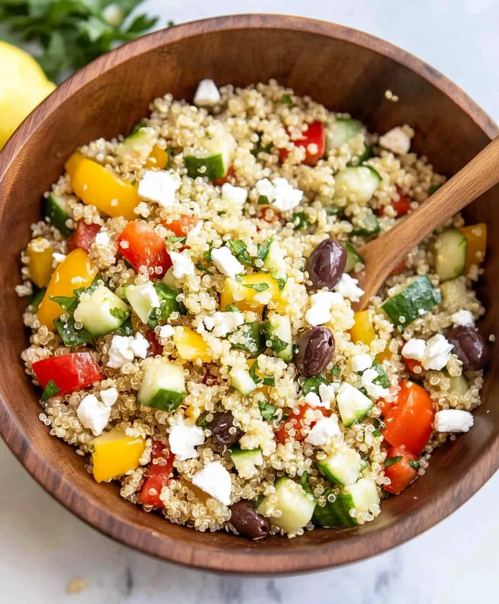 Mediterranean Quinoa Salad with Peppers, Cucumbers, Olives and Feta